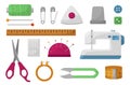 Sewing accessories flat icons set. Threads, machine, scissors, pins, tape measure. Royalty Free Stock Photo