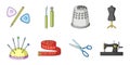 Sewing, atelier icons in set collection for design. Tool kit vector symbol stock web illustration.