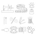 Sewing, atelier outline icons in set collection for design. Tool kit vector symbol stock web illustration. Royalty Free Stock Photo