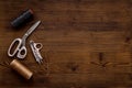 Sewing background with tailor and knitting accessories. Tailoring scissors Royalty Free Stock Photo