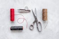 Sewing background with tailor and knitting accessories. Tailoring scissors Royalty Free Stock Photo