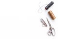Sewing background with tailor and knitting accessories. Tailoring scissors Royalty Free Stock Photo