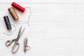 Sewing background with tailor and knitting accessories. Tailoring scissors Royalty Free Stock Photo