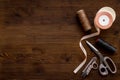 Sewing background with tailor and knitting accessories. Tailoring scissors Royalty Free Stock Photo