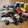 Sewing buttons and colorful thread spools Royalty Free Stock Photo