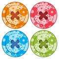 Sewing buttons set vector red orange, blue and green colors with floral background and sewing thread Royalty Free Stock Photo