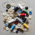 Sewing buttons and spools of thread arranged on a textured fabric Royalty Free Stock Photo