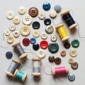 Sewing buttons and thread spools are scattered on a light colored Royalty Free Stock Photo