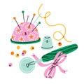 Sewing cartoon accessories and supplies characters, vector illustration