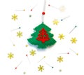 Sewing christmas decoration with toy christmas tree background on white