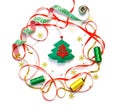 Sewing christmas decoration with toy christmas tree background on white