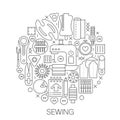 Sewing in circle - concept line illustration for cover, emblem, badge. Sewing thin line stroke icons set. Royalty Free Stock Photo
