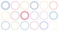 Sewing circle frames. Embroidered borders, stitched round frame and sew seams border pattern vector illustration set