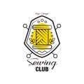 Sewing club logo design, emblem with heraldic shield can be used for sewing shop, knit club, atelier, sewing workshop