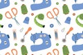 Sewing and craft pattern with sewing machine and tools for handmade creativity. Flat cartoon vector illustration for Royalty Free Stock Photo