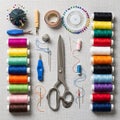 Sewing and Crafting Supplies with Thread Scissors and Needles Royalty Free Stock Photo