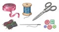 Sewing and crafting tools: ribbon, thread, scissors, needle and colorful buttons Royalty Free Stock Photo