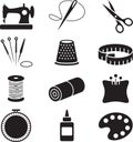 Sewing and crafts tools as sewing machine needle scissors thread bobbin thimble tailor tape Royalty Free Stock Photo