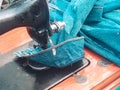 Sewing denim jeans with vintage sewing machine working technology fabric garment industry