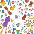 Sewing doodle icons banner template vector