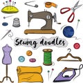 Sewing doodle icons hand drawn. Colorful vector outline illustration