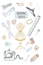Sewing doodle icons set. Vector outline illustration. Tailoring background for logo, web and print designs.