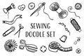 Sewing doodle icons set. Vector outline illustration. Tailoring background for logo, web and print designs.