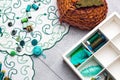 Sewing and embroidery supplies on a  table, horizonthal Royalty Free Stock Photo