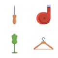 Sewing equipment icons set cartoon vector. Mannequin awl tape measure and hanger Royalty Free Stock Photo