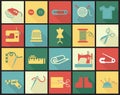 Sewing equipment icons set with thimble, needle