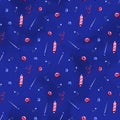 Sewing equipment, tailor supplies blue colored seamless pattern with flat line icons set. Needlework accessories - Royalty Free Stock Photo