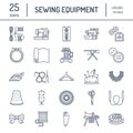 Sewing equipment, tailor supplies flat line icons set. Needlework accessories - sewing embroidery machine, pin, needle