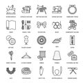 Sewing equipment, tailor supplies flat line icons set. Needlework accessories - sewing embroidery machine, pin, needle