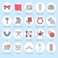 Sewing equipment, tailor supplies flat line icons set. Needlework accessories - sewing embroidery machine, pin, needle Royalty Free Stock Photo