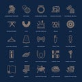 Sewing equipment, tailor supplies flat line icons set. Needlework accessories - sewing embroidery machine, pin, needle Royalty Free Stock Photo