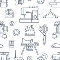 Sewing equipment, tailor supplies seamless pattern with flat line icons set. Needlework accessories - sewing embroidery