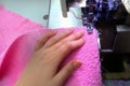 Sewing equipment, women`s hands sew