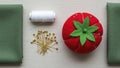 Sewing Essentials Fabric Thread Pins and Pincushion on a Neutral Background Royalty Free Stock Photo