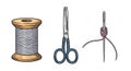 Sewing Essentials: Thread Spool, Scissors, and Threaded Needle Illustration Royalty Free Stock Photo