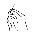 sewing hand holding needle with thread line icon vector illustration