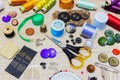 Sewing and handicraft supplies on the table Royalty Free Stock Photo