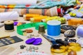 Sewing and handicraft supplies on the table Royalty Free Stock Photo