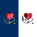 Sewing Heart, Broken Heart, Heart,   Icons. Flat and Line Filled Icon Set Vector Blue Background Royalty Free Stock Photo