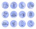 Sewing icons set, machine, threads, thimble, meter, needle pad on abstract lilac round shapes Royalty Free Stock Photo