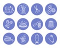 Sewing icons set, sewing machine, thread with needles, thimble, meter, needle pad on blue round shapes. Royalty Free Stock Photo