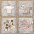 Sewing items on brown background Royalty Free Stock Photo