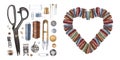 Sewing items with a frame in the shape of a heart from threads watercolor illustration. Frame template for studio Royalty Free Stock Photo