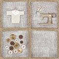 Sewing items on rustic linen background Royalty Free Stock Photo