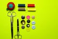 Sewing items top view. flat lay Royalty Free Stock Photo