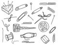 Sewing kit. Doodle style Vector set Royalty Free Stock Photo